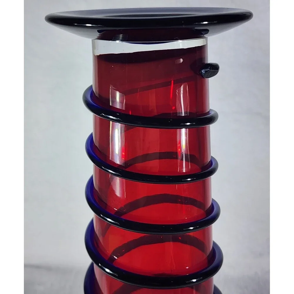 Vintage Art Deco Vase ~ Cobalt Blue SNAKE CORDING on Red Glass Decor 10.25”